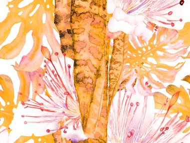 Pas turuncu suluboya kusursuz deseni bırakıyor. Yaz Çiçeği Arkaplanı. Botanik Ormanı Çizimi. Klasik Eko Uyum. Egzotik Mayo Tasarımı. Hawaii Kova Yazdırma.