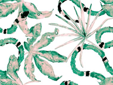 Elapidae Egzotik Geçmişi. Yeşil ve Kırmızı Kıçlı Kusursuz Desen. El çizimi tropik desen. Afrika Safari Deri ve Flora İllüstrasyon. Yılan Derisi Parmak izi. Zehirli Ejder Taklidi.