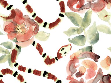 Aspid Pürüzsüz Düzen. Afrika Safari Deri ve Flora İllüstrasyon. Yeşil ve Kırmızı El Tropikal desenli. Yılan Derisi Parmak izi. Zehirli Ejder Taklidi. Elapidae Egzotik Geçmişi.