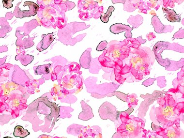 Suluboya Güller, Şakayık ve Yapraksız Kalıp. Violet Purple Botanik Çiçek İllüstrasyonu. Klasik Peonie Eco Rapport. Yaz Çiçeği Arkaplanı. Egzotik Mayo Tasarımı.