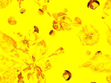 Canlı Sakura ve Jasmine Print. Altın sarısı çiçekli Ayurveda deseni. Suluboya Turuncu Çiçek ve Yapraklar. Yaz Vintage Arkaplanı. Biyo Jasmin Kusursuz Desen.