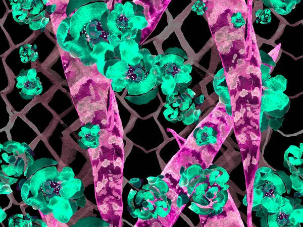 Acquerello Rose Peonia Foglie Modello Senza Soluzione Continuità Summer Blossom — Foto Stock