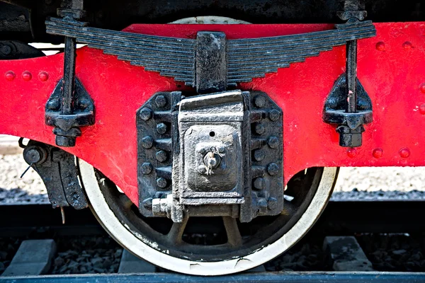 Closeup view of an old railway car wheels, leaf springs, journal