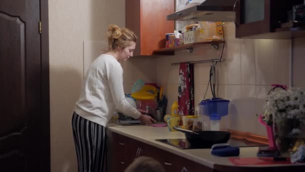 Γυναίκα πλένει πιάτα — Αρχείο Βίντεο