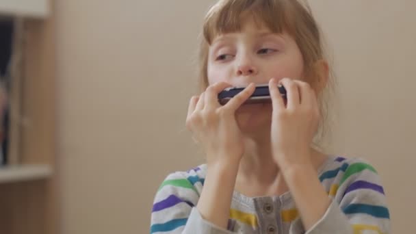 Mädchen albern mit Mundharmonika — Stockvideo