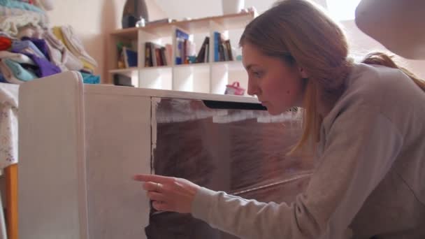 Woman Furniture Restoration Painting — Stok video
