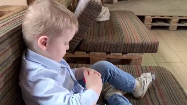 Little Boy With Toy On The Sofa — Stockvideo