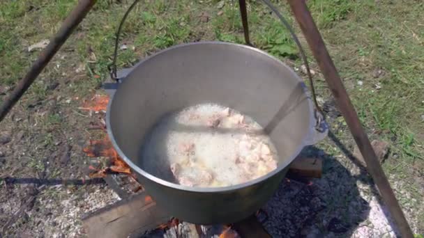 La viande bouillonne dans un pot — Video