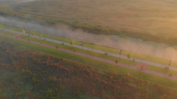 Fog Over The River Dawn Aerial — Stock Video