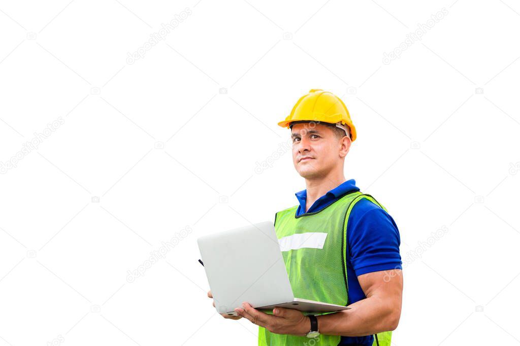 Worker man in hard hat and safety vest holding laptop with clipping path on white background