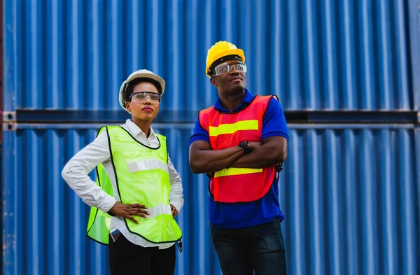 Cheerful female shipping company workers working at the harbor, Cheerful factory worker man smiling with arms crossed