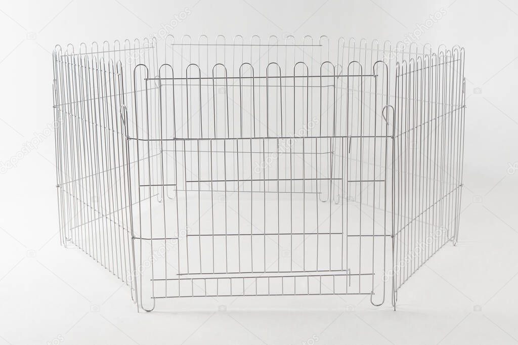 metal large enclosure made of rods, accessories. for domestic and farm animals. on white background