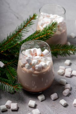 Seçici odaklanma. Noel içkisi. Küçük beyaz şekerlemeli çikolatalı kakao. Ağaç dalları ile