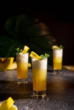 Bar konsepti ya da dergiler için fotoğraf. Arka planda bir bardak kavun içeceği. Taze ve yaz içkisi. Krem şantili katmanlar halinde serilmişti.