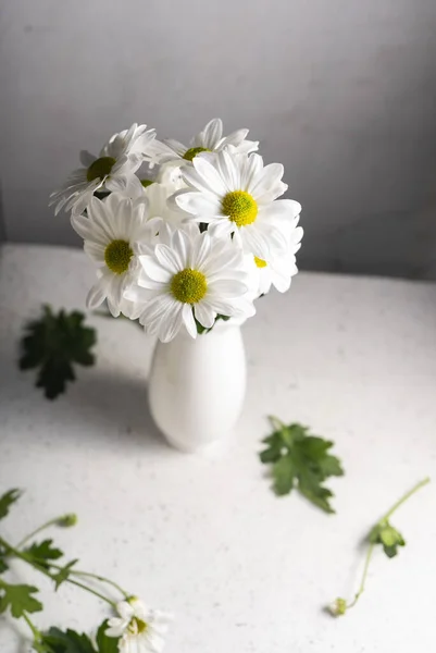 fresh flowers, white chrysanthemums. the concept of a postcard. bunch of cut natural flowers, close-up. copyspace