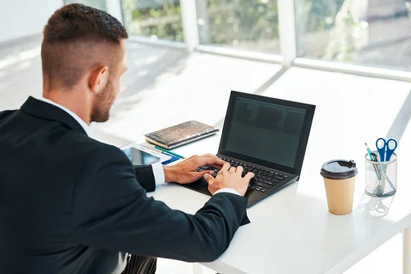 Vista posteriore dell'uomo d'affari che lavora con il computer portatile nell'interno moderno dell'ufficio — Foto Stock