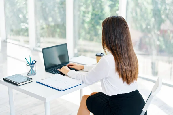 Обратный вид молодой предпринимательницы, работающей с ноутбуком в офисе — стоковое фото