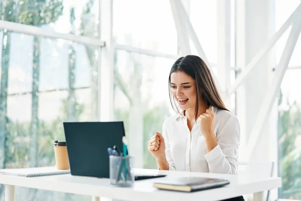 Feliz mujer de negocios celebrando el éxito mirando a la computadora portátil en la oficina moderna — Foto de Stock