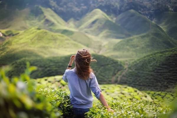 Glückliche Frau auf Teeplantage — Stockfoto