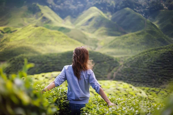 Happy woman on tea plantation — Stock Photo, Image