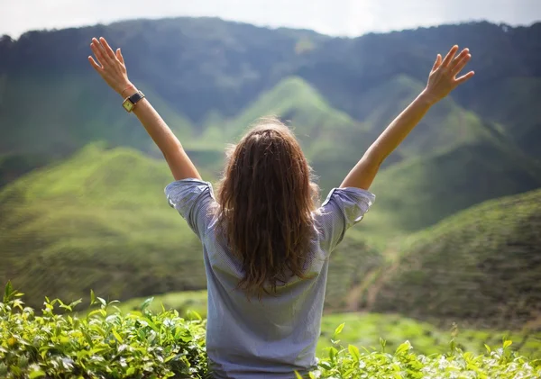 Woman with open arms on tea plantation — Stock Photo, Image