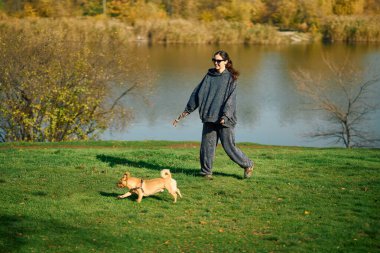 Gülümseyen kadın sakin göl kenarında köpeğiyle oynarken eğleniyor. Evcil hayvan, aşk, arkadaşlık, hayvan kurtarma konsepti.