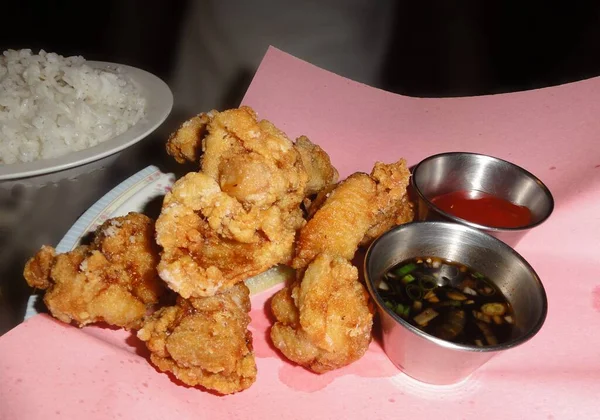 Fried Chicken Bits Catsup Spicy Soy Sauce Dipping Plate Steamed — Stock Photo, Image