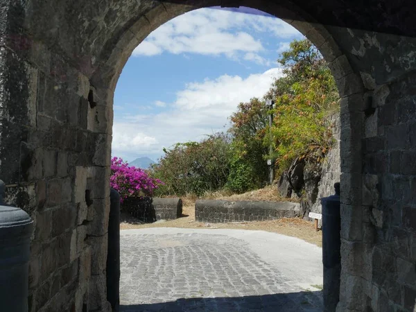 Arch entrance to the Brimstone Hill Fortress National Park, a UNESCO heritage site in St. Kitts.