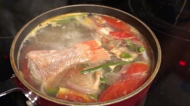 Handhållen bild av en stor kokande gryta med fisk och grönsaker — Stockvideo