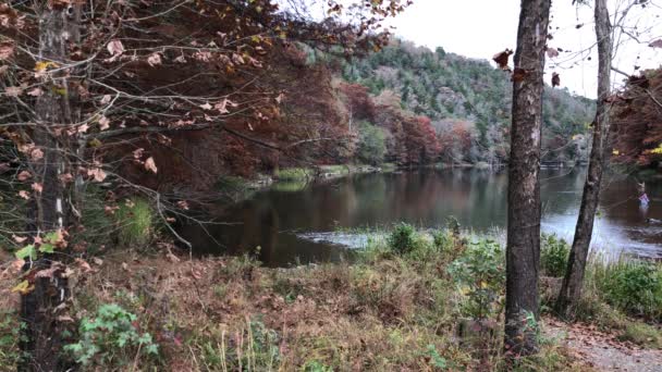 Smukke Farver Efteråret Afspejles Farvandene Mountain Fork River Bævere Bend – Stock-video
