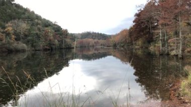 Sonbaharın renkleri Mountain Fork Nehri, Beavers Bend State Park, Oklahoma sularına yansıdı..