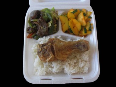 Pilav paketi, kızarmış tavuk güveç ve kabak salatası..