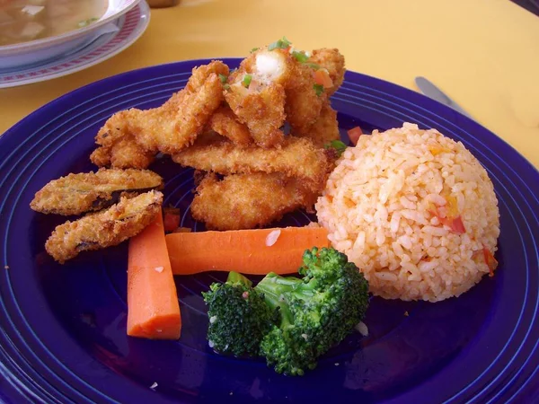 Rebanadas Pollo Frito Con Una Porción Arroz Zanahorias Brócoli — Foto de Stock