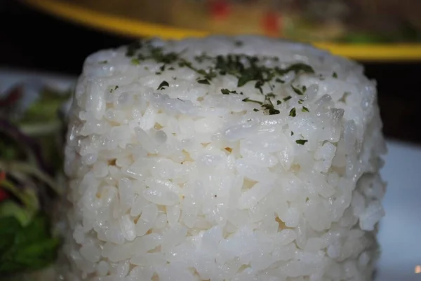 Close Cup Steamed White Rice Herbs Sprinkled Top —  Fotos de Stock