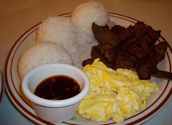 Plate Scrambled Eggs Beef Tocino Sweetened Cured Beef Three Scoops —  Fotos de Stock