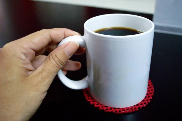 Hand Holding Cup Coffee Red Coaster — Stock Photo, Image