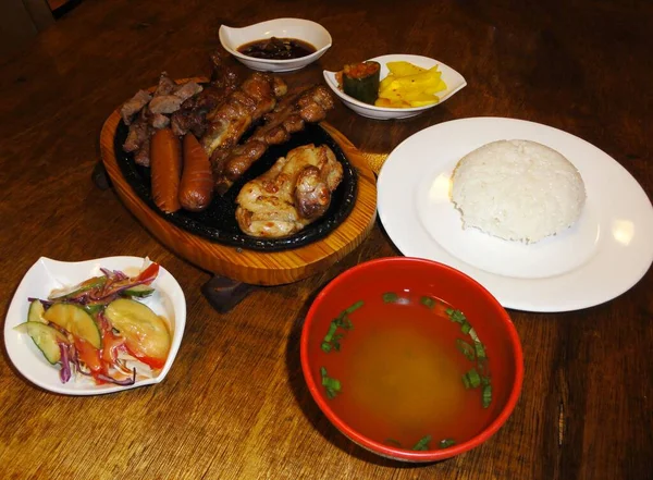 Sizzling Platter Grilled Chicken Hot Dogs Serving Rice Soup Salad — Stock Photo, Image