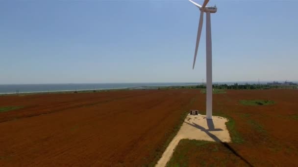 Aerial view of a white wind turbine by the sea with a view of the water — Stock Video