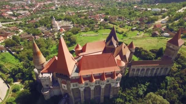 Вид з повітря на красивий середньовічний замок в сонячний літній день з красивими зеленими полями і пагорбами — стокове відео