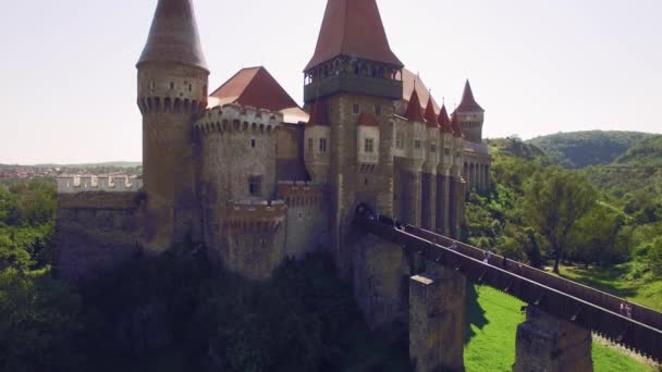 Vista aérea del hermoso castillo medieval en el soleado día de verano con hermosos campos verdes y colinas — Vídeo de stock