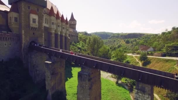 Vue aérienne du magnifique château médiéval par une journée ensoleillée d'été avec de beaux champs verts et des collines — Video