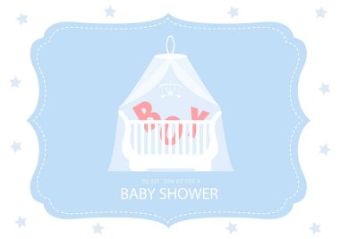 Beşiği, duş kartları, vektör çizimleri olan bebek odası.