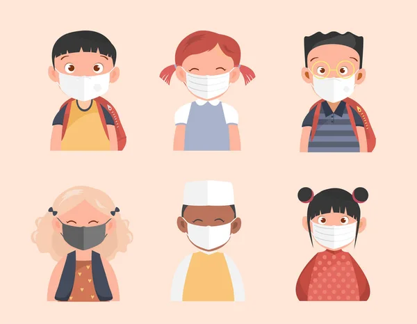 Kinderen Met Beschermmasker Stoppen Verspreiding Van Virussen Vector Illustraties — Stockvector