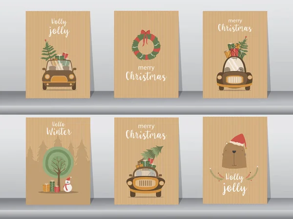Set Merry Christmas Background Cute Animal Tree Lovely Cartoon Background — Stock Vector