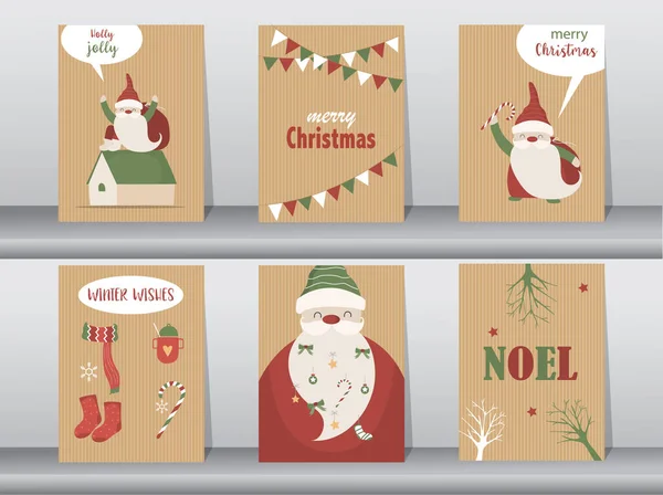 一套快乐的圣诞背景与可爱的桑塔爪和可爱的卡通背景与假日符号 矢量插图 — 图库矢量图片