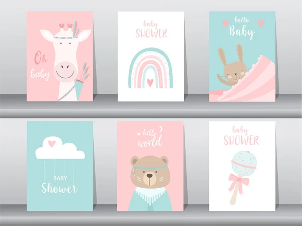 Set Von Baby Dusche Einladungskarten Poster Vorlage Gruß Niedlich Tier — Stockvektor
