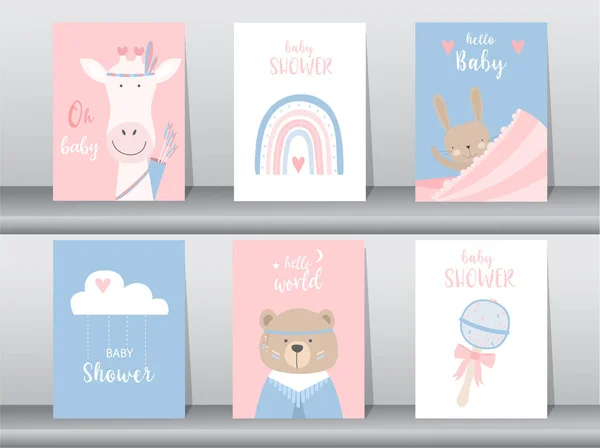 Set Biglietti Invito Baby Shower Poster Template Saluto Carino Animale — Vettoriale Stock