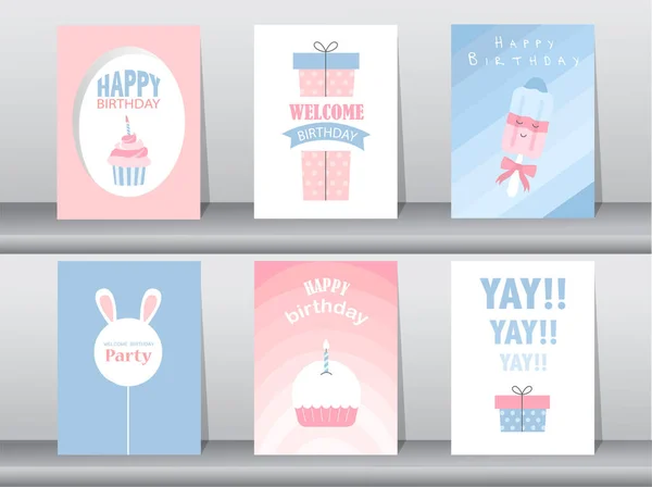 Набор Милых Открыток День Рождения Плакат Шаблон Поздравительные Открытки Торт — стоковый вектор