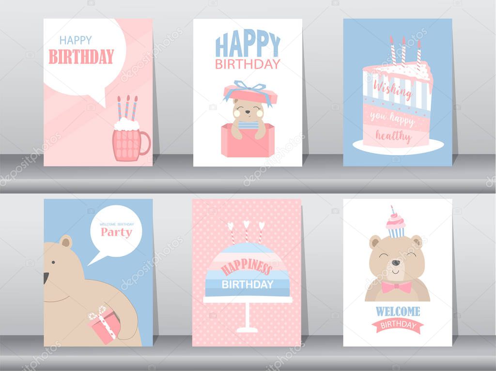Set of birthday cards with cute animal,poster,template,greeting card,cake,Vector illustrations