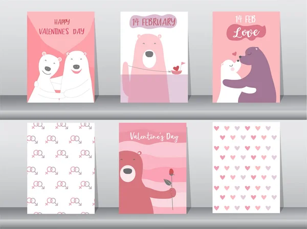 Set Cute Animals Poster Design Valentine Day Template Cards Bear — Stock Vector